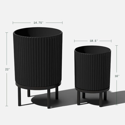 Veradek Demi Series Round Planter w/ Stand for Porch/Patio | Durable Plastic-Concrete & Wooden Stand | Modern Décor for Tall Plants, Flowers