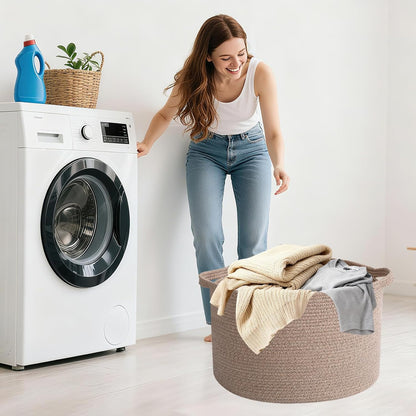 Large Woven Blanket Basket,65L Cotton Rope Laundry Basket Hamper with Handles, Decorative Nursery Basket Storage Bin for Toys, Clothes Organizer, Living Room, Bedroom, Bathroom, White & Brown