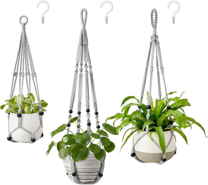 Mkono 3 Pack Macrame Plant Hangers Indoor Different Size Hanging Planter Basket Flower Pot Holder with Beads No Tassels 35"/29"/23", Medium, Brown
