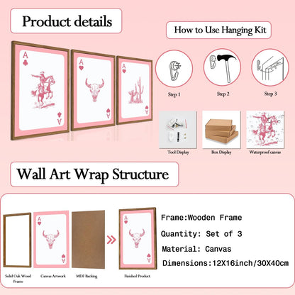 Western Wall Art Set of 3, Southwestern Cowboy Playing Card Wall Decor, Longhorn Bull Skull and How Lucky are We Poster Canvas Painting Prints for Bedroom Living Room 12x16 inch Wood Framed