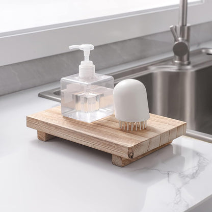 zoocatia Small Wood Tray Pedestal Stand Farmhouse Bathroom Decor Decorative Wooden Riser Kitchen Soap Dish Holder for Vanity, Counter, Sink, Brown
