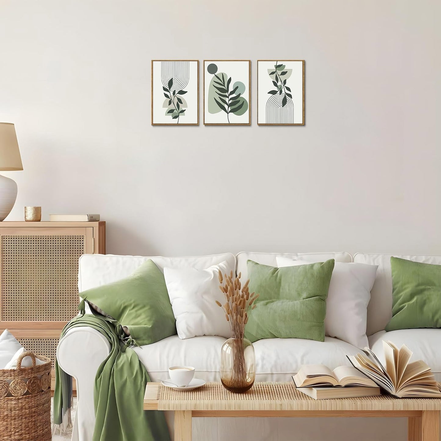 Bwodke Boho Wall Art, Framed Abstract Wall Art, Green Botanical Neutral Canvas Wall Decor, Large Mid Century Plant Pictures Set of 3, Modern Minimalist Paintings, for Bedroom Living Room Bathroom