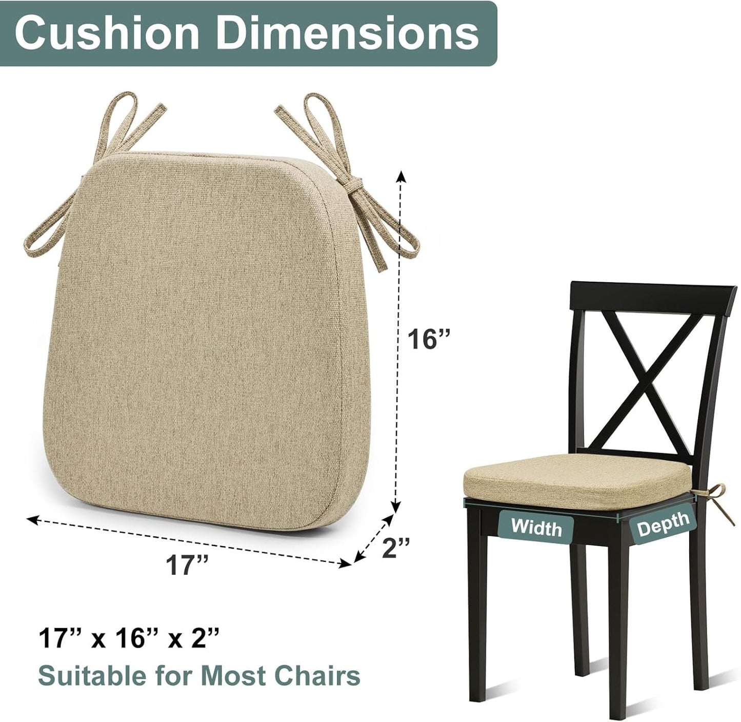Shinnwa Dining Chair Pads, Patented Design Memory Foam Kitchen Chair Cushions with Ties and Washable Cover, 17" x 16" x 2", Black