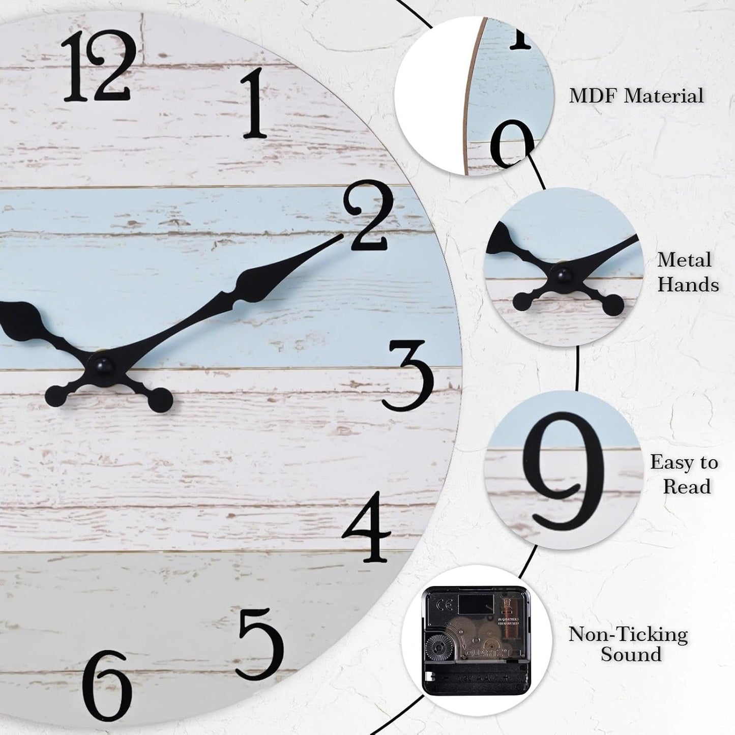 KECYET Wall Clock Battery Operated 8 Inch Silent Non Ticking Coastal Design Country Rustic Retro Decorative for Bathroom Kitchen Living Room Bedroom