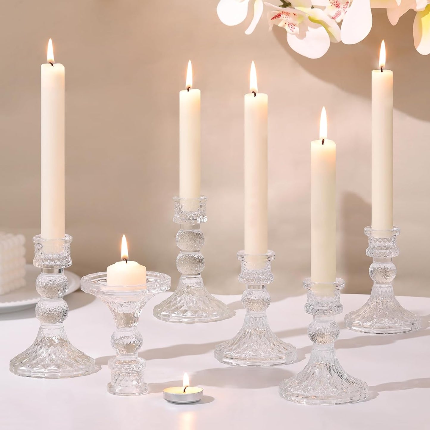 DARJEN 6Pcs Gold Candlestick Holders Set - 4" H & 5" H Striped Taper Candle Holders Bulk, Glass Candle Holders for Wedding, Festival, Party, Table Centerpiece, Gifts