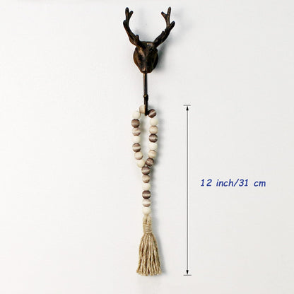 CVHOMEDECO. Wood Beads Garland with Tassels 3 PCS Farmhouse Rustic Wooden Prayer Bead String Wall Hanging Accent for Home Festival Decor. Natural