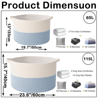 Large Woven Blanket Basket,65L Cotton Rope Laundry Basket Hamper with Handles, Decorative Nursery Basket Storage Bin for Toys, Clothes Organizer, Living Room, Bedroom, Bathroom, White & Brown