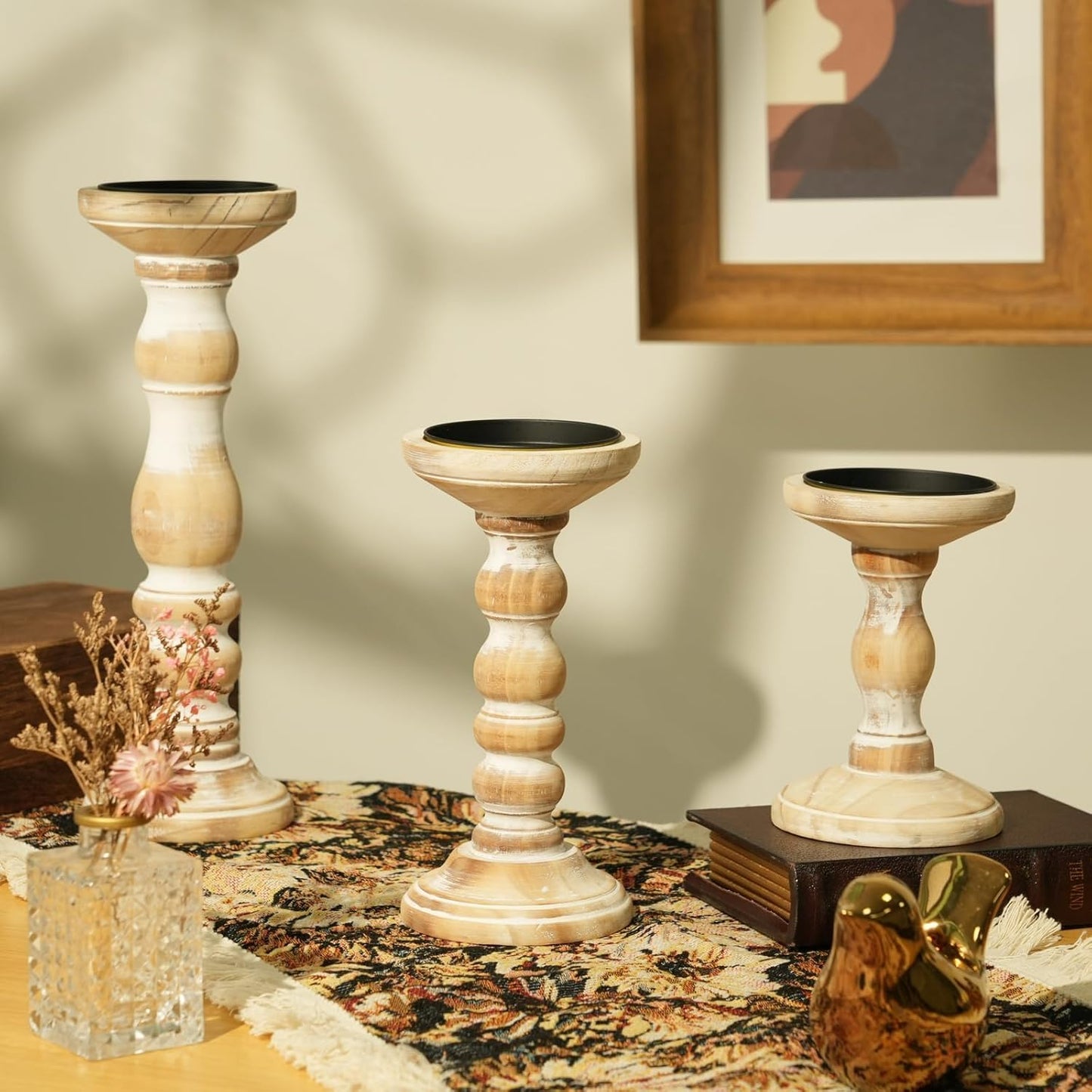 Wood Pillar Candle Holder: 3Pcs Rustic White Candle Holders for Pillar Candles Wood Candle Holders Distressed Wooden Farmhouse Candle Holder Large Rustic Candle Holder for Fireplace Table