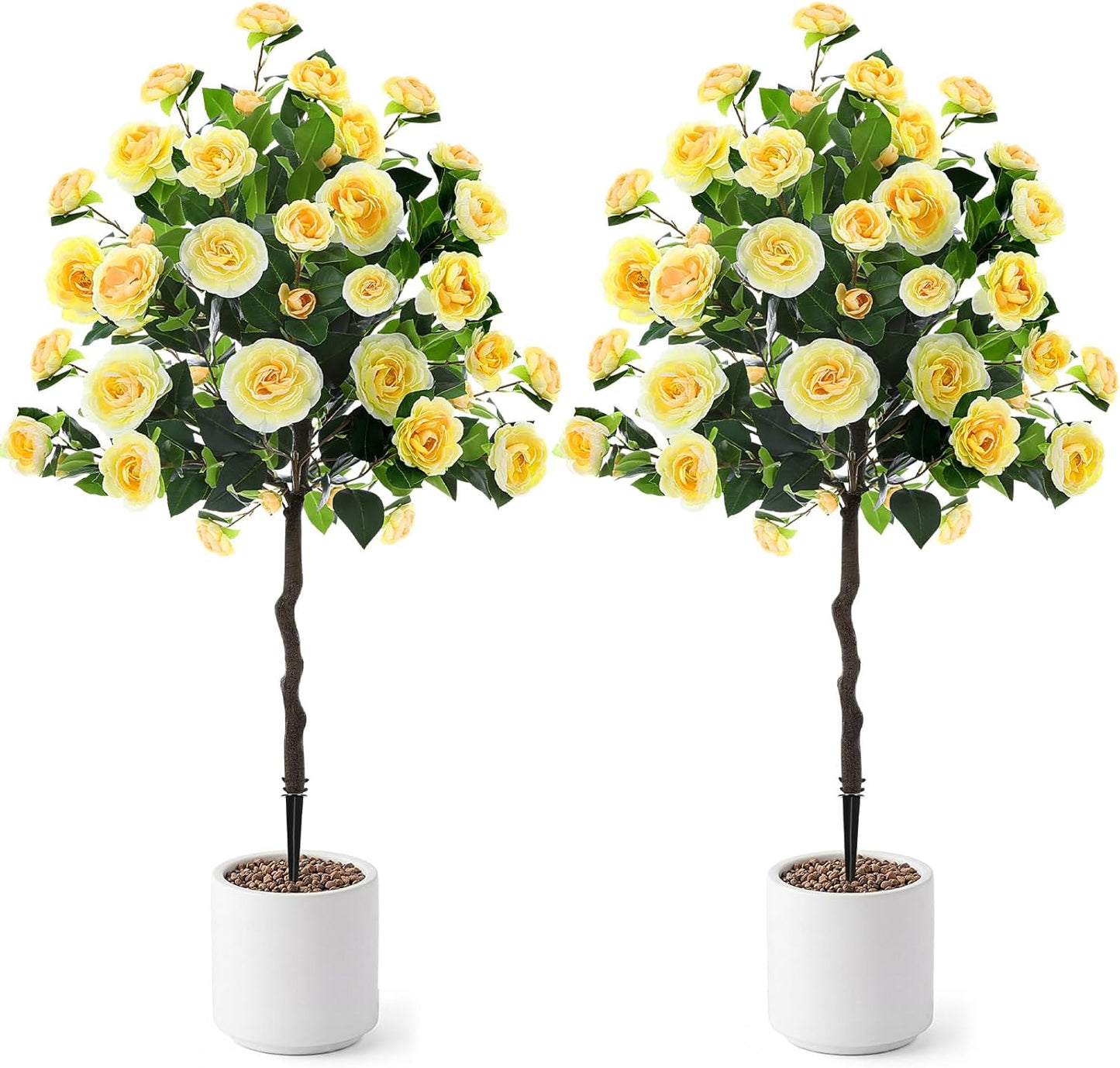 Lunmon 2 Pack 3ft Artificial Camellia Plants Tree 36" Faux Camellia Flower with Spike UV Resistant Realistic Fake Floral Blooming Bush for Indoor Outdoor Front Door Porch Backyard Garden, Purple