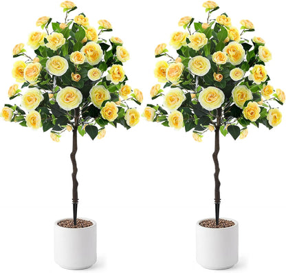 Lunmon 2 Pack 3ft Artificial Camellia Plants Tree 36" Faux Camellia Flower with Spike UV Resistant Realistic Fake Floral Blooming Bush for Indoor Outdoor Front Door Porch Backyard Garden, Purple