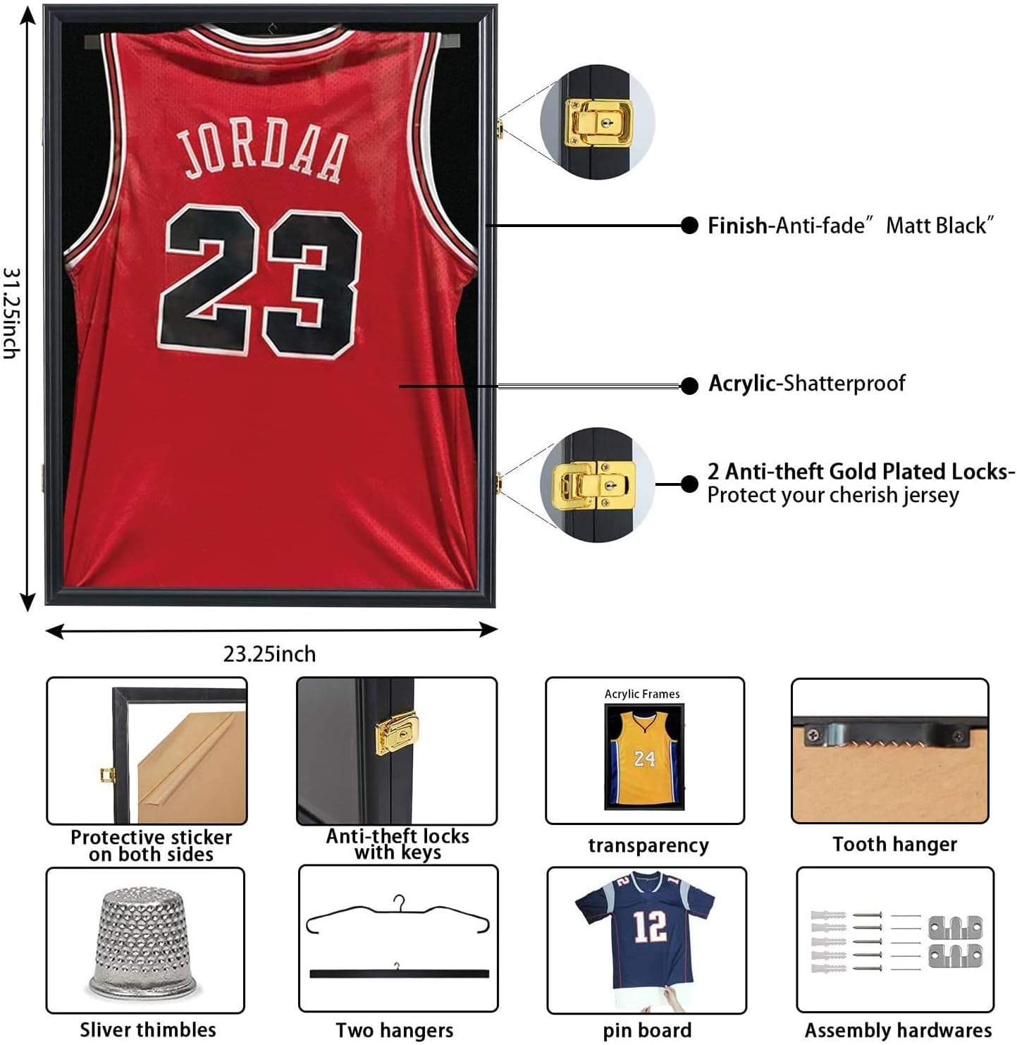 Large Lockable Jersey Frame Display Case Wall Mount, T-Shirt Shadow Box with Clear UV-Protective Acrylic, Hangers Linen Backing for Football, Basketball, Baseball