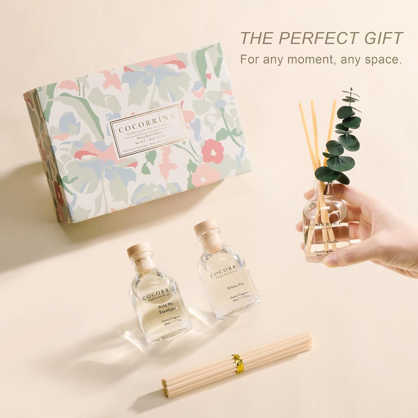 COCORRÍNA Eucalyptus Reed Diffuser Set of 3 - Lavender Eucalyptus, Black Forest, Clean Cotton Scents, 1.7 fl oz Each, Total 5.1 oz, Scented Oil Diffusers for Home & Office﻿