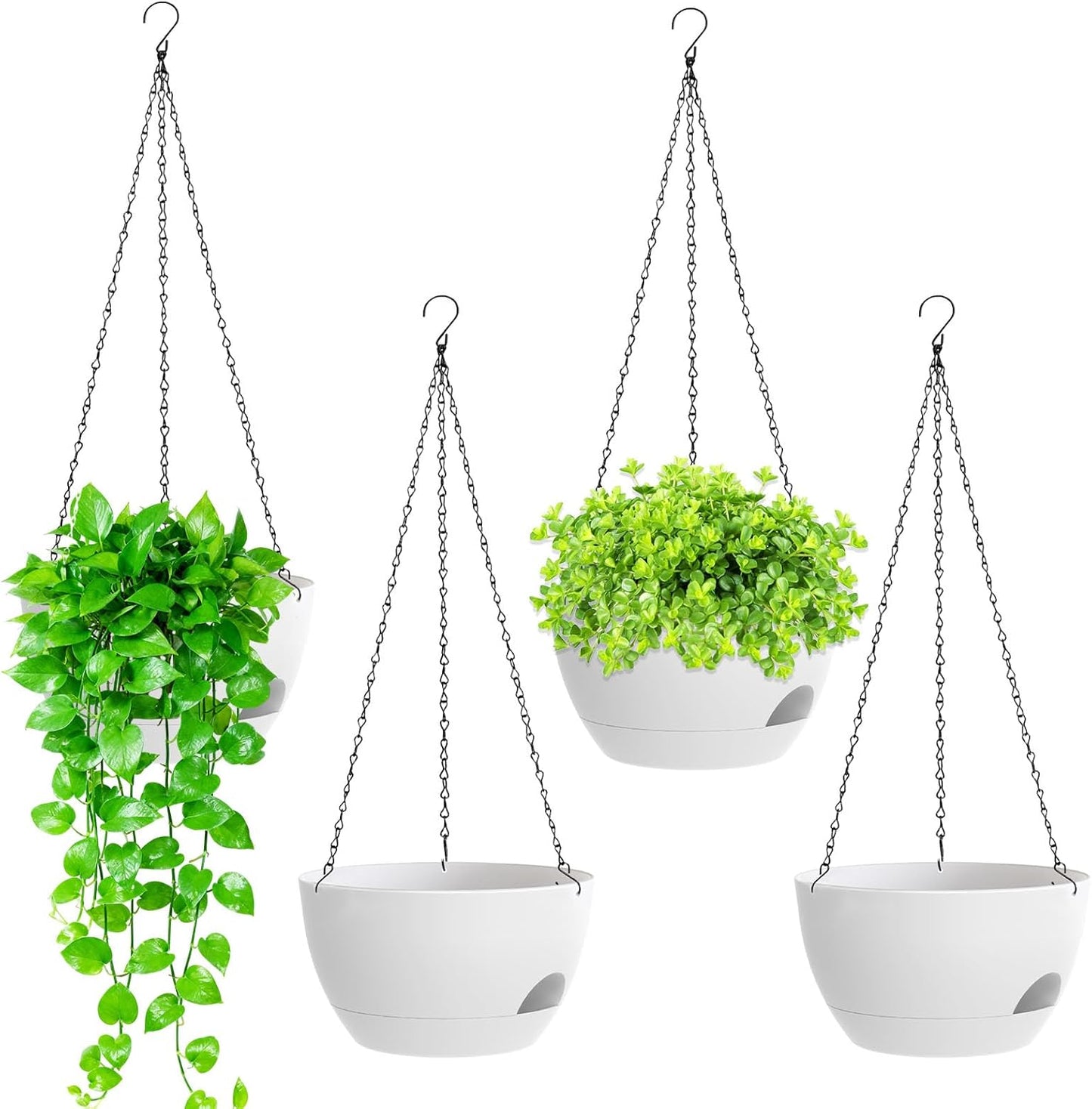 8 Inch Hanging Planters for Indoor Outdoor Plants, 4 Pack Black Plastic Self Watering Hanging Baskets with Drainage Holes and Chain for Garden Porch