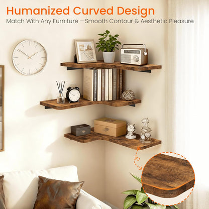 Homode Corner Floating Shelves, Set of 3 Corner Wall Shelves with Wire Hole, L-Shaped Wood Hanging Storage Shelf for Wall Decor, for Bathroom Kitchen Bedroom, White