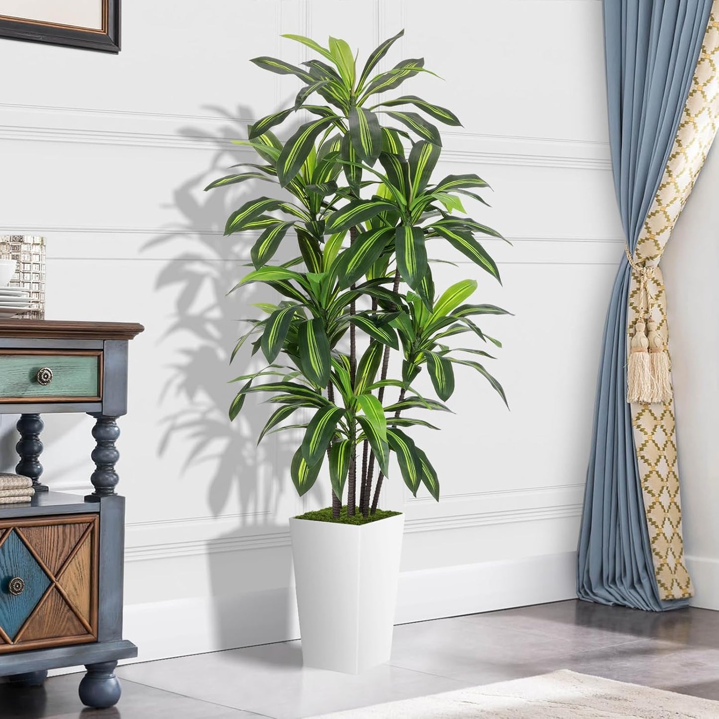 Artificial Dracaena Plant Indoor 5FT - Fake Tree with White Tall Planter - Faux Yucca Tall Fake Floor Plant in Pot - Artificial Trees for Home Office Living Room Decor Indoor