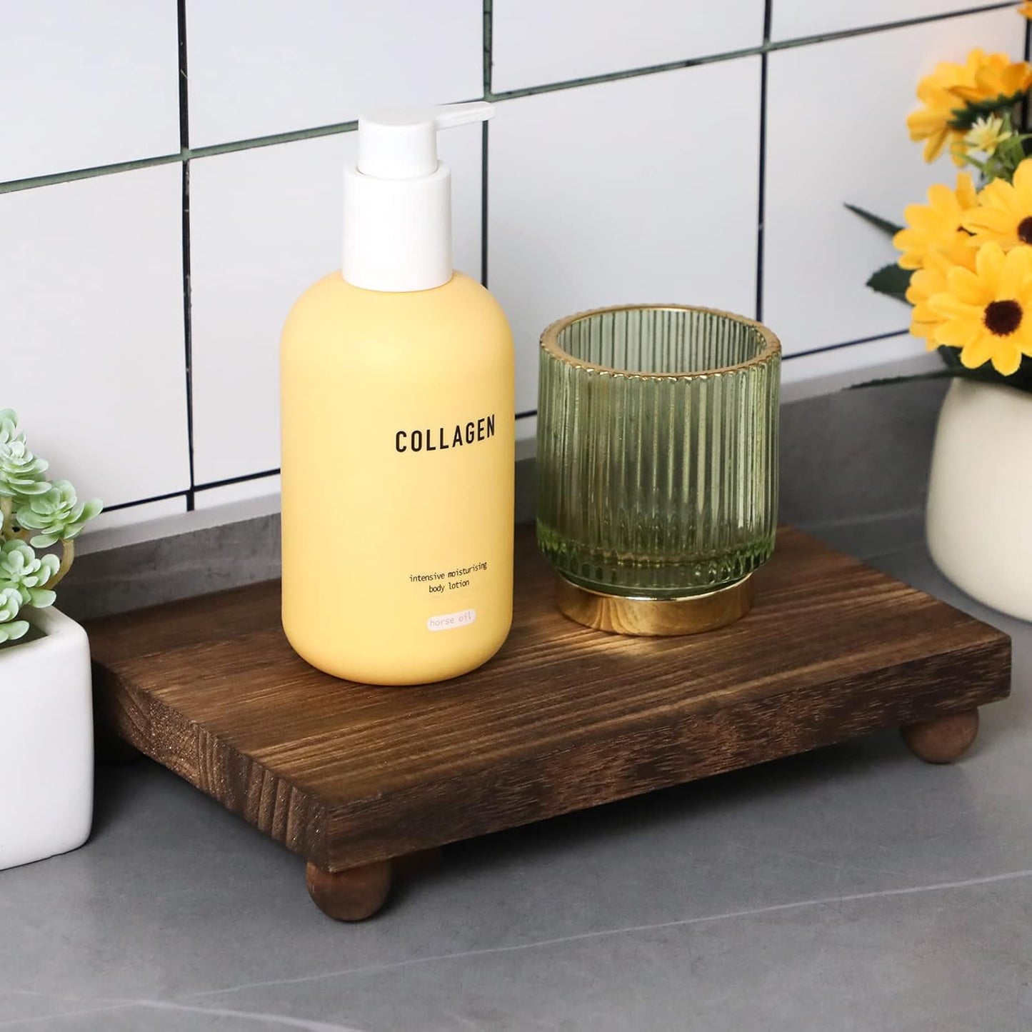 Amyhill Wood Pedestal Stand Kitchen Soap Tray Farmhouse Wooden Riser Stand for Kitchen Bathroom Counter Table Decor Plant Candle Vases Display(Classic,Black,12 x 7 Inch)