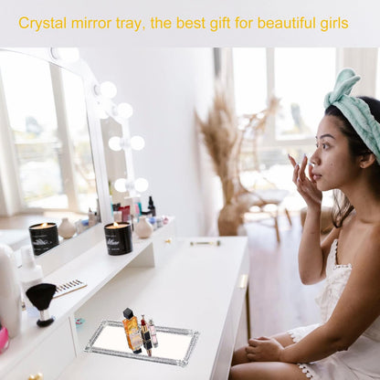 Crystal Glass Tray, Modern Mirror Jewelry Dresser Trinket Trays with Crushed Diamond, 11.8" x 7.9"Rectangular Makeup Perfume Tray for Bathroom Bedroom, Home Decor, Hotel Banquet, Party(Silver)