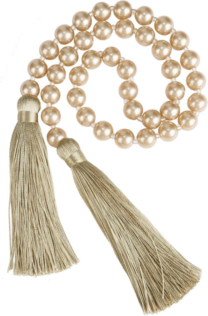 34 Inch Pearl Glass Bead Garland with Tassels - Elegant Boho Table Decor, Fringe Wall Hanging for Wedding, Party, Farmhouse Rustic Prayer Bead Home Decoration(1 Pack,Gold)