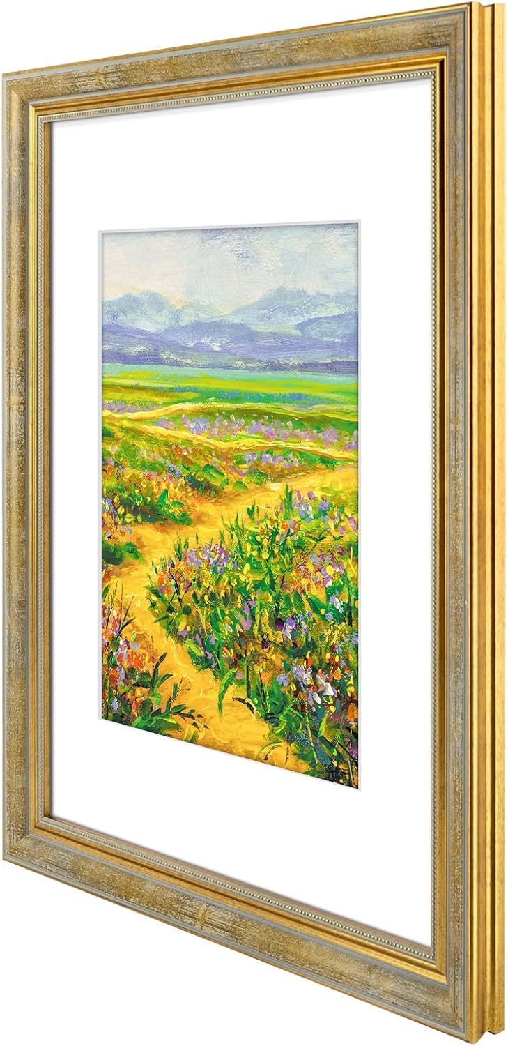 Golden State Art,11x14 Ornate Picture Frame for 8x10 Photo with Mat or 11 x 14 Prints without Mat,Real Glass Wall Display(Color:Green Gold)