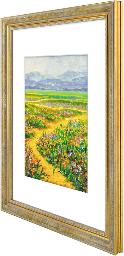 Golden State Art,11x14 Ornate Picture Frame for 8x10 Photo with Mat or 11 x 14 Prints without Mat,Real Glass Wall Display(Color:Green Gold)