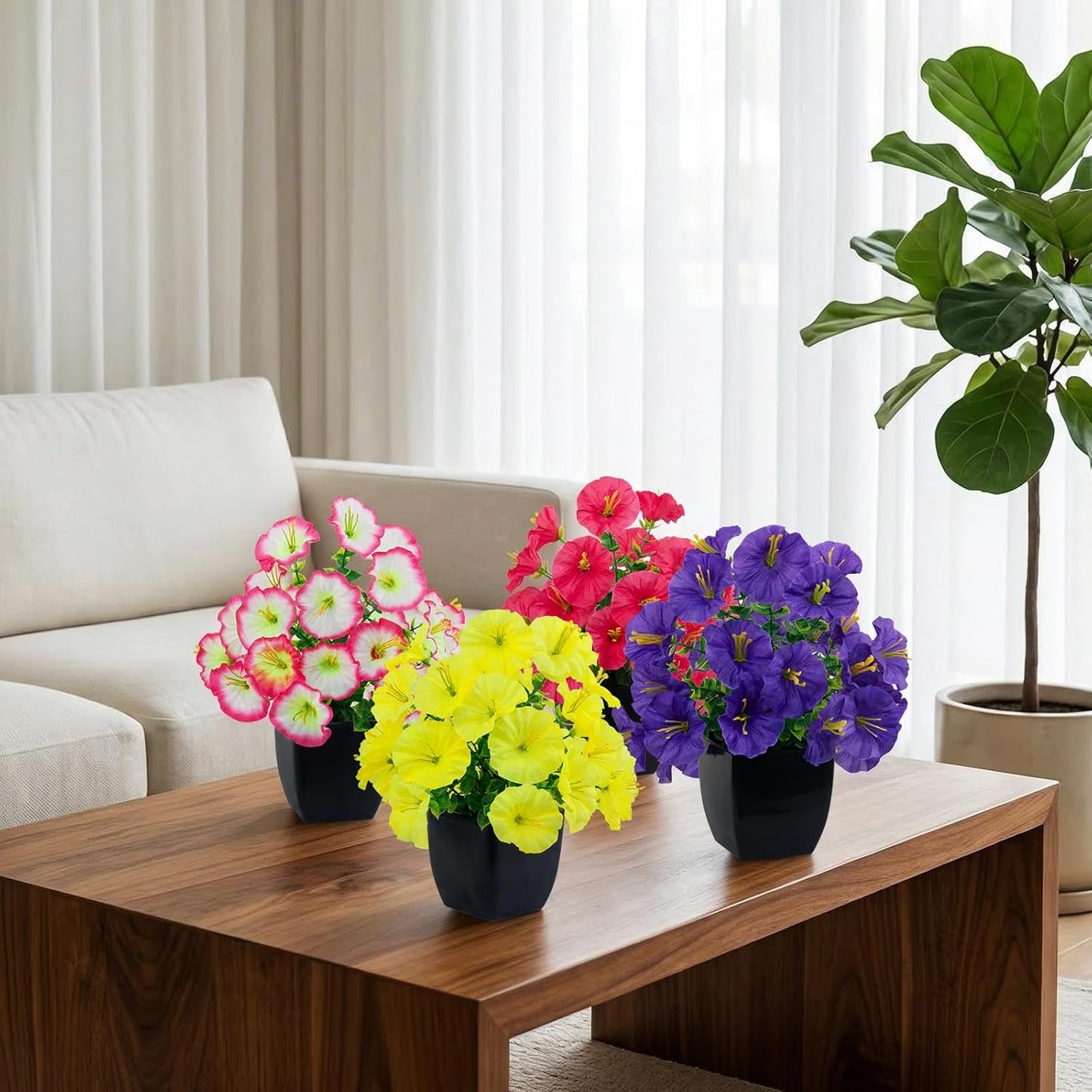LOYWREE 4 Pack Small Artificial Mums Flowers in White Pots, Fake Mini Potted Plants, Spring Floral Decor for Home Bathroom Shelves Office Desk Table Centerpiece Indoor Decoration