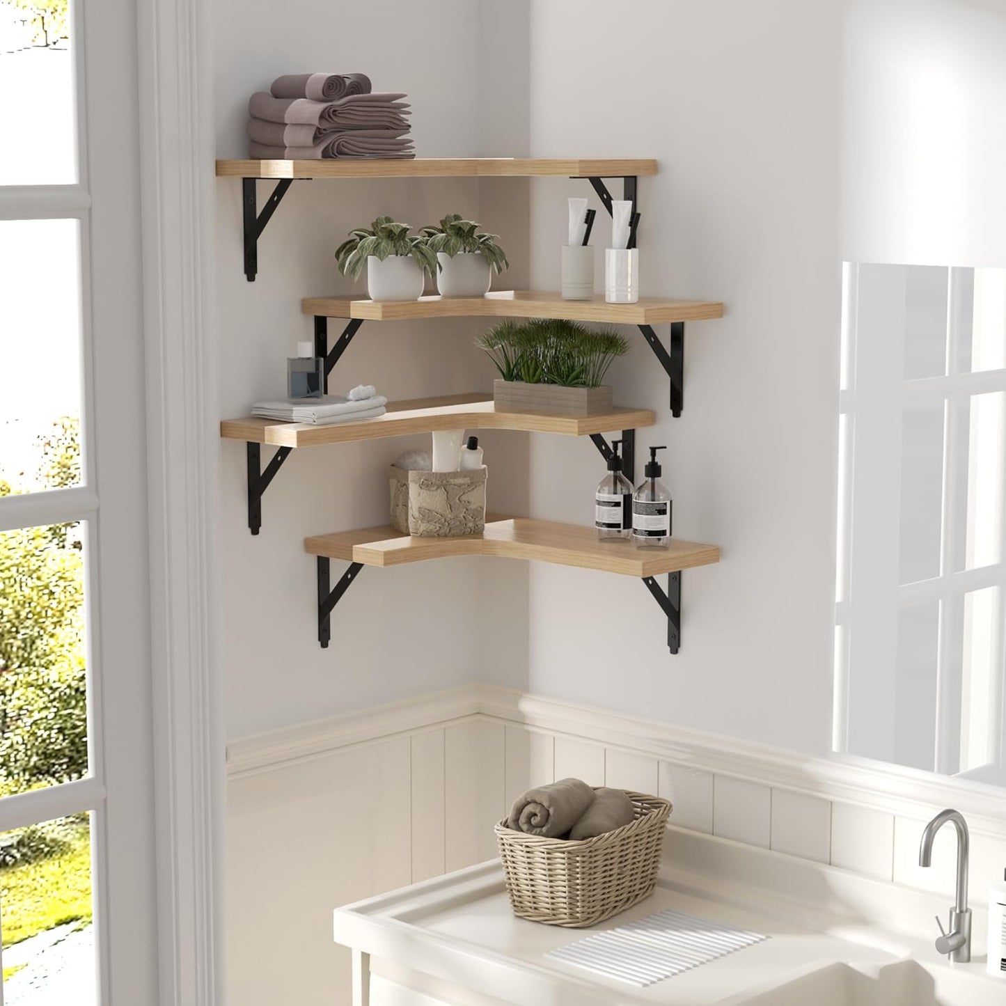 ROMGUAR CRAFT Corner Floating Shelves Wall Mounted Set of 4, Rustic Wood Storage Display Shelves for Home Decor, Bathroom, Kitchen, Bedroom, Living Room, Office (Black)