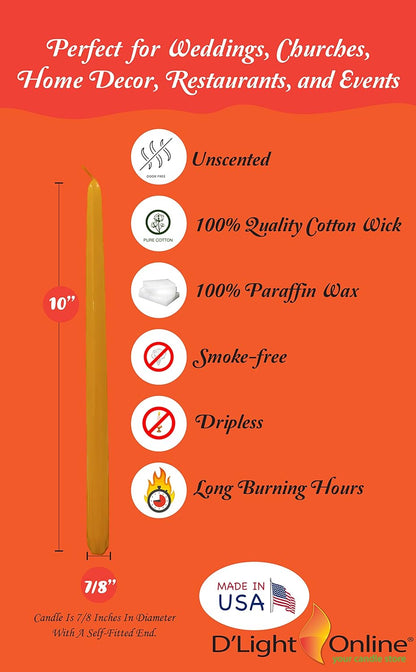 D'light Online White Taper Candles, 10 Inch Premium Quality Candles Hand-Dipped Tapered Candles, Dripless, Smokeless and Unwrapped Bulk Pack for Events - Set of 12 (10 Inch, White)