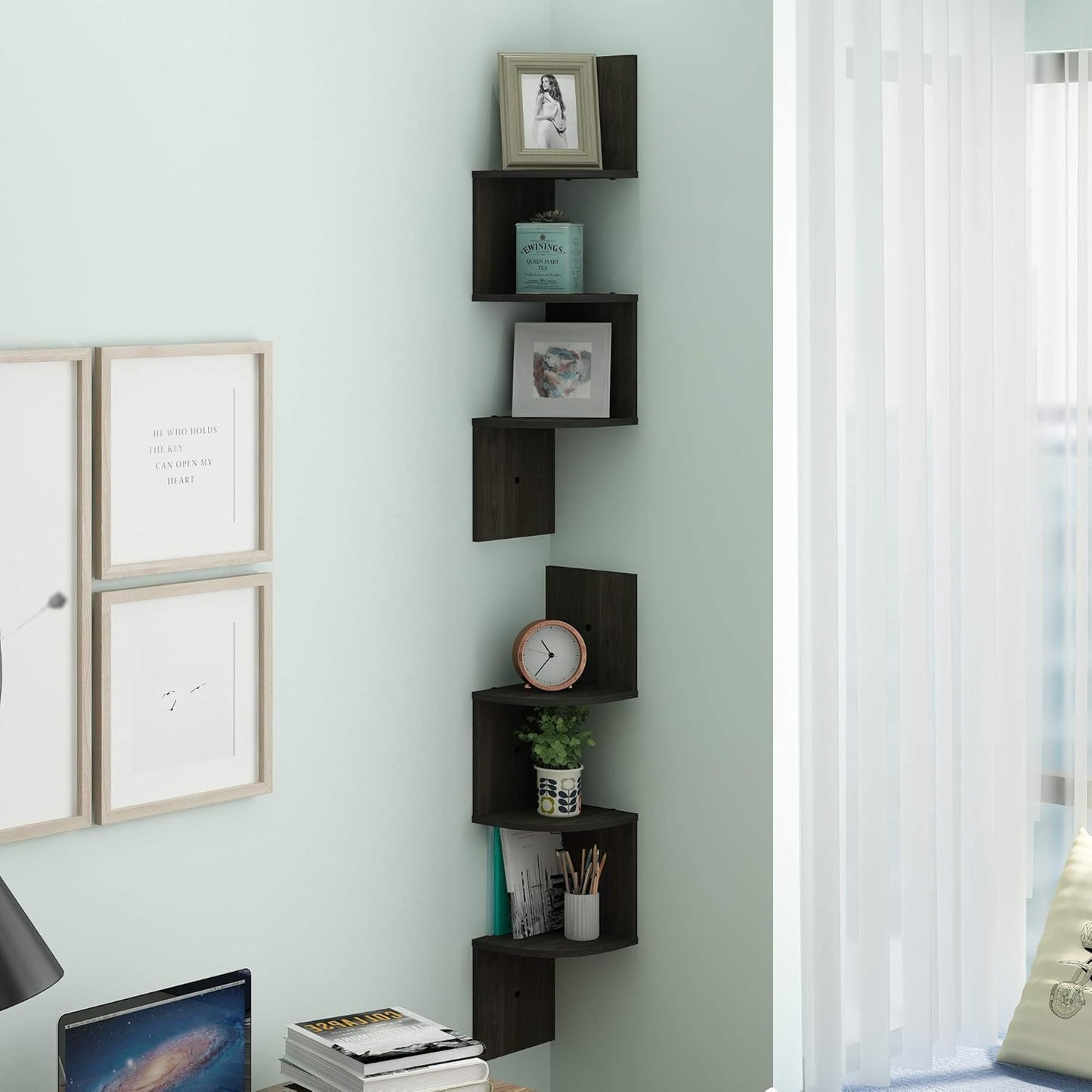 Furinno Rossi 5-Tier Wall Mount Floating Radial Corner Shelf, White