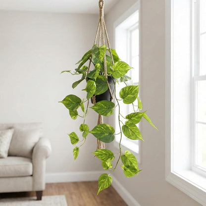 Artificial Pothos Hanging Plants 2 Pack with Pots, Realistic Fake Hanging Plants Indoor, Faux Greenery Vines for Shelf, Bathroom, Living Room, Office Decor