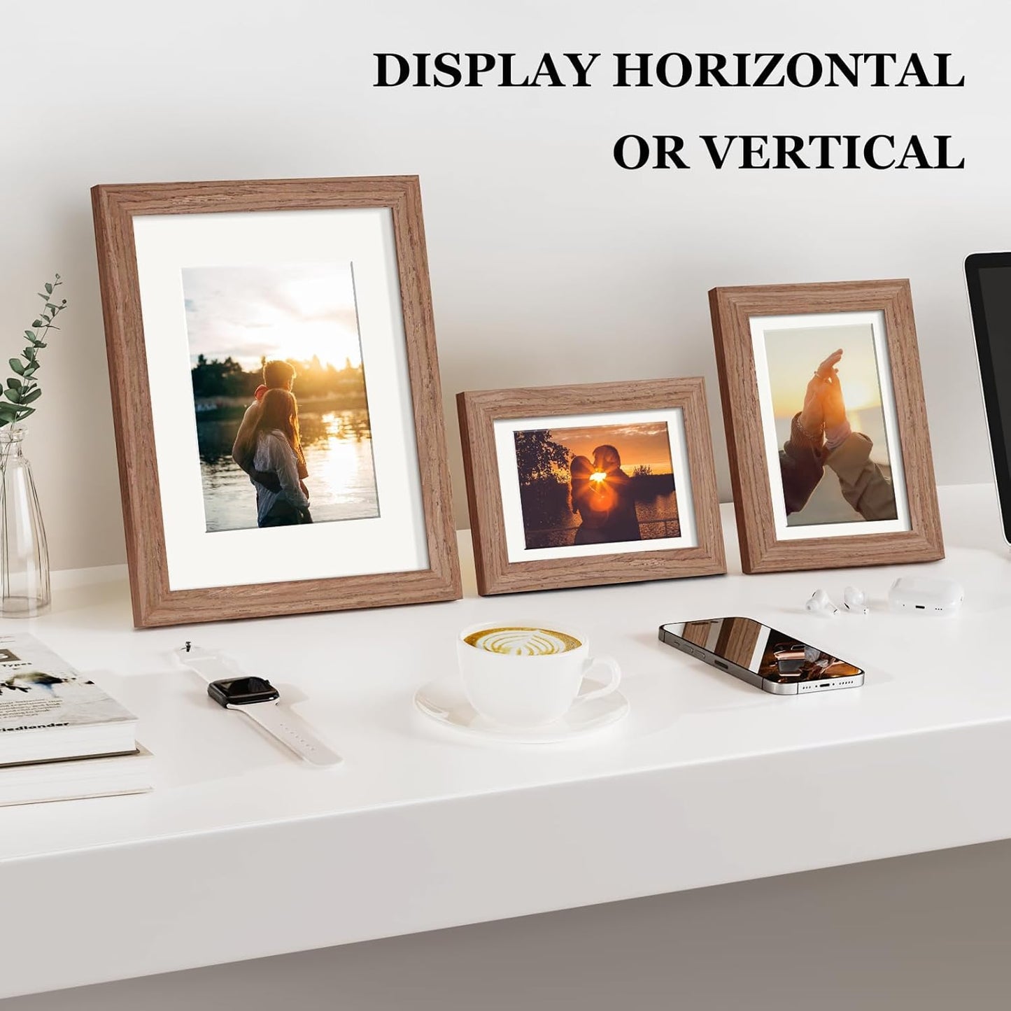 Povrgive Picture Frames, Made of Real Glass and Wooden Frame, Gallery Photo Frames Set of 10 for Collage Wall Decor, Multi Sizes Including 8x10, 5x7, 4x6 for Mounting or Tabletop Display, Wood