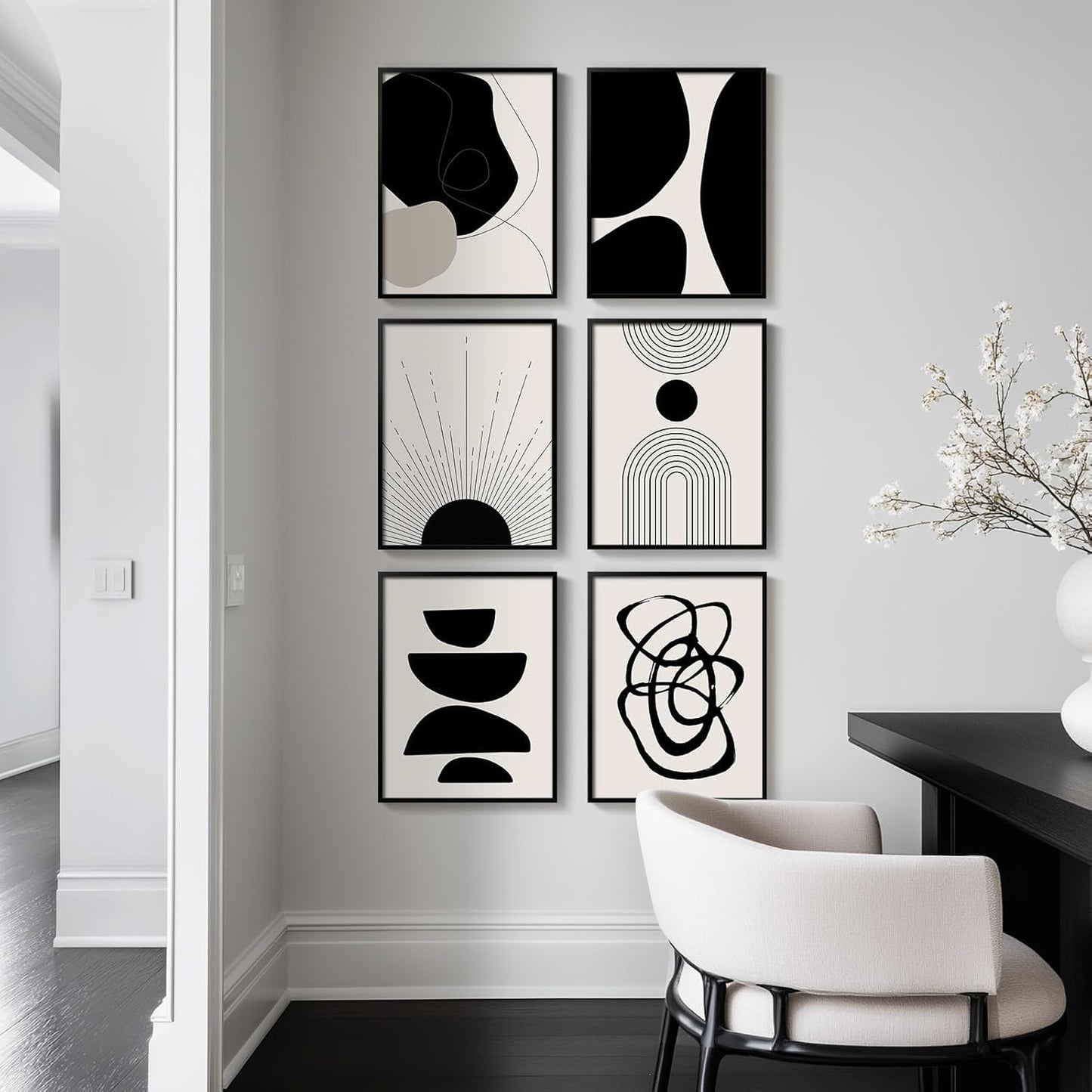 Framed Boho Black and White Brown Modern Abstract Wall Art for Living Room, Set of 6 Bohemian Wall Hanging Artwork, Minimalist Sun Geometric Pictures for Bedroom Office Bathroom Wall Decor 11x14 Inch