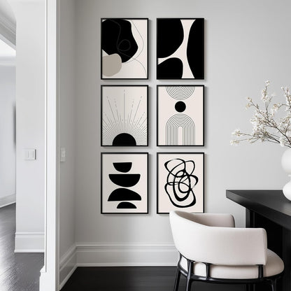 Framed Boho Black and White Brown Modern Abstract Wall Art for Living Room, Set of 6 Bohemian Wall Hanging Artwork, Minimalist Sun Geometric Pictures for Bedroom Office Bathroom Wall Decor 11x14 Inch