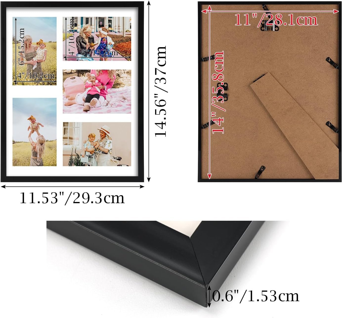 PHAREGE 5 Openings 4x6 Picture Frame Collage Black 4 Pack, 11x14 Poster Frame Set of 4, Display Family Wedding Photos Horizontal or Vertical on The Wall