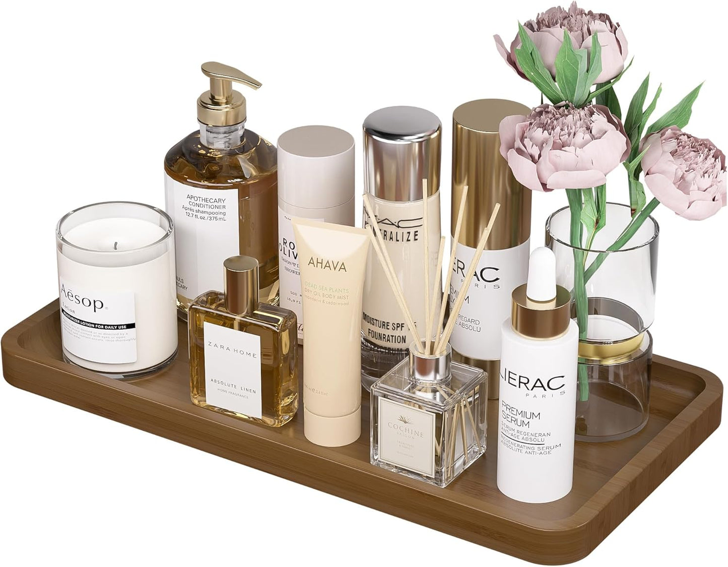 Bathroom Vanity Tray for Countertop - Bamboo Organizer Tray for Dresser Tops, Toilet, Perfume Small Decorative Tray Wood Tray for Home Decoration 11.81” L x 6.1” W x 0.79” H Black