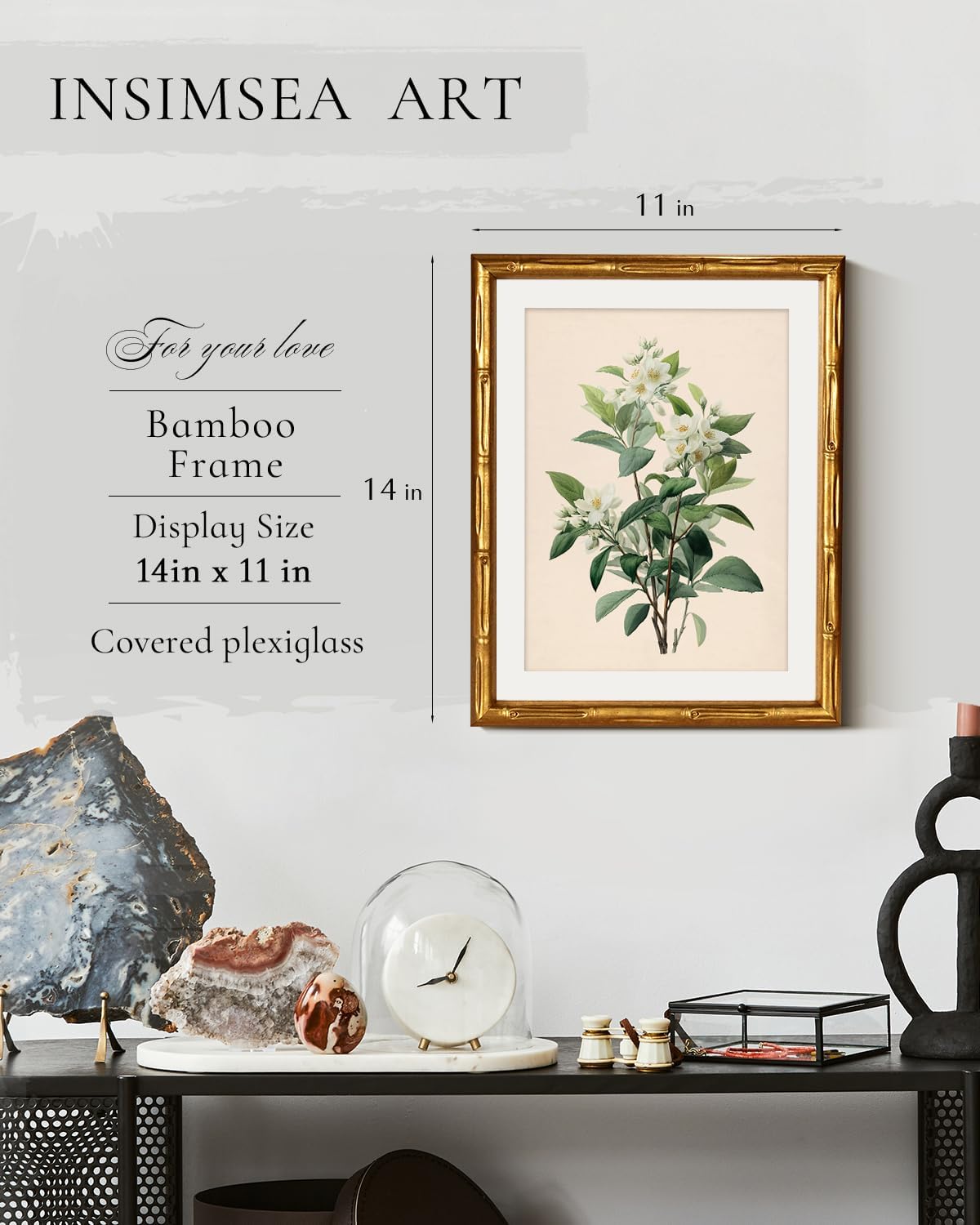 InSimSea Gold Bamboo Framed Canvas Wall Art, Retro Blue Hydrangea Botanical Prints, Antique Flowers Picture Frame with Mat, Victorian Home Wall Decor for Kitchen Living Room Bedroom, 11x14inch
