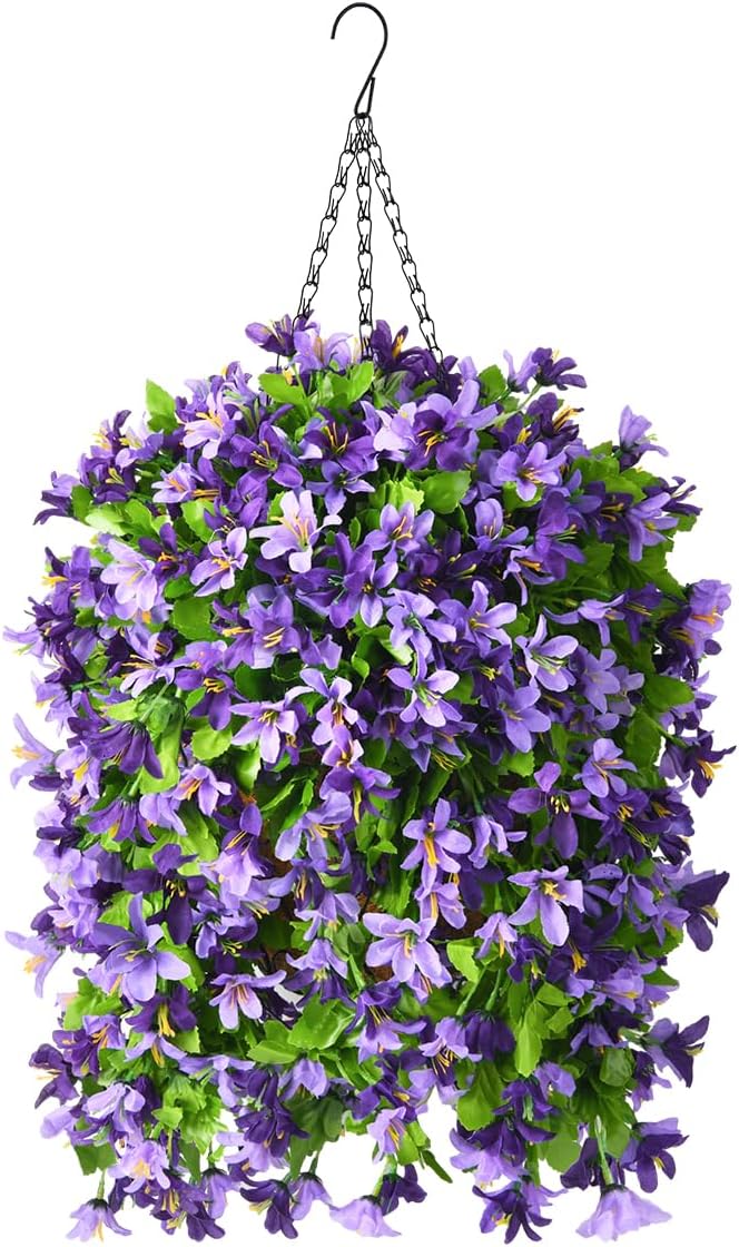 INQCMY Artificial Fake Hanging Plants Flowers Basket for Spring Summer Outdoor Outside Porch Decoration,UV Resistant Faux Silk Violet in Planter for Home Patio Balcony Garden Yard Decor(Red)