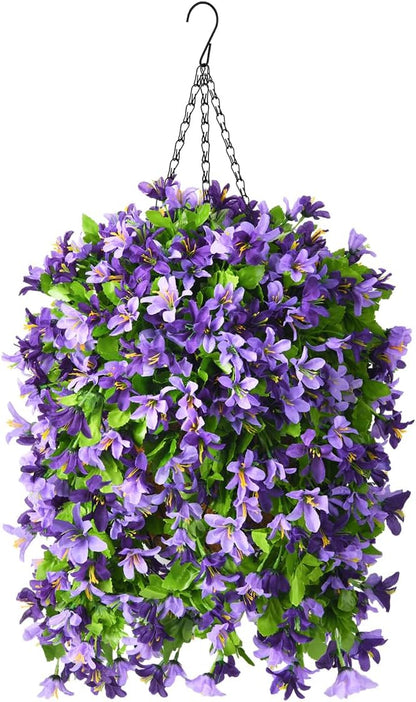INQCMY Artificial Fake Hanging Plants Flowers Basket for Spring Summer Outdoor Outside Porch Decoration,UV Resistant Faux Silk Violet in Planter for Home Patio Balcony Garden Yard Decor(Red)