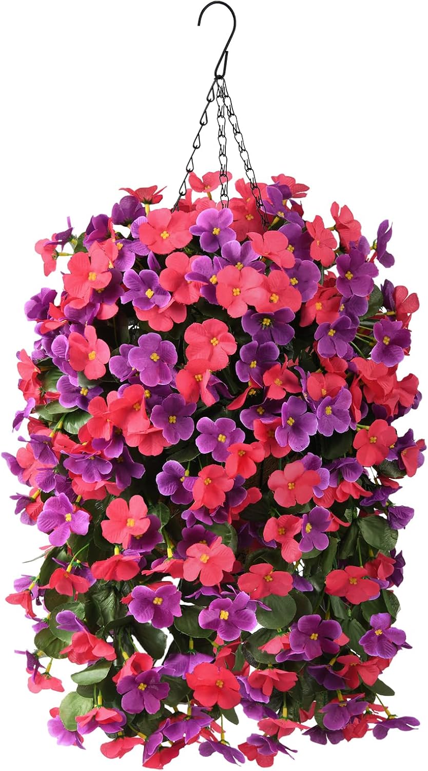 INQCMY Artificial Fake Hanging Plants Flowers Basket for Spring Summer Outdoor Outside Decoration,Faux Silk Begonia Flower in Planter Look Real UV Resistant for Home Porch Patio Balcony Yard Decor