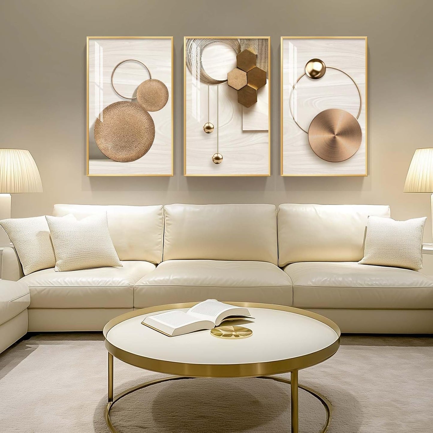 Framed Modern Luxury Gold Wall Art, Set of 3 Piece Contemporary Paintings Artwork for Walls, Golden Prints Pictures with Gold Frame, Wall Decor for Living Room, Hallway, Bedroom, Office 16x24 Inch