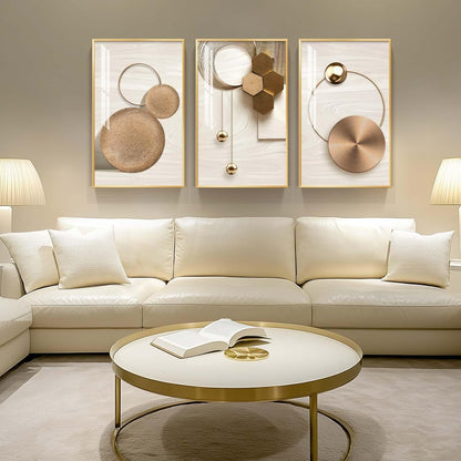 Framed Modern Luxury Gold Wall Art, Set of 3 Piece Contemporary Paintings Artwork for Walls, Golden Prints Pictures with Gold Frame, Wall Decor for Living Room, Hallway, Bedroom, Office 16x24 Inch