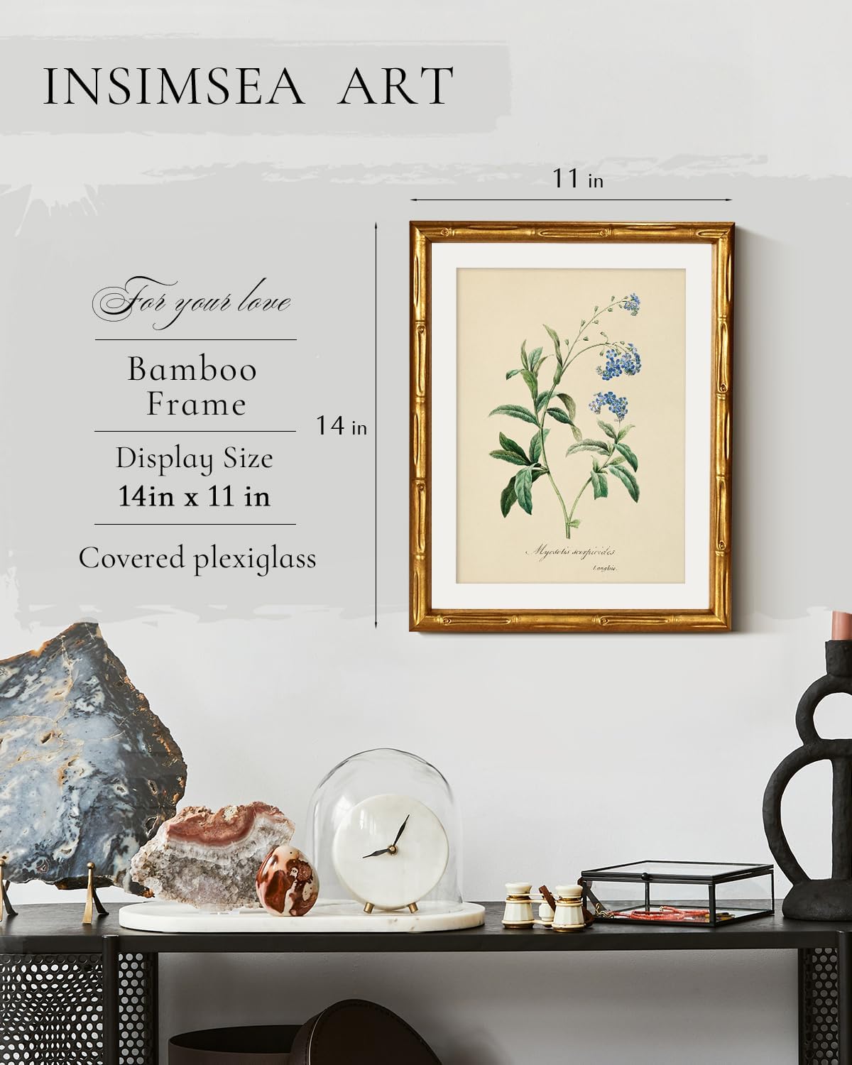 InSimSea Gold Bamboo Framed Canvas Wall Art, Retro Blue Hydrangea Botanical Prints, Antique Flowers Picture Frame with Mat, Victorian Home Wall Decor for Kitchen Living Room Bedroom, 11x14inch