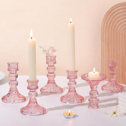 DARJEN 6Pcs Gold Candlestick Holders Set - 4" H & 5" H Striped Taper Candle Holders Bulk, Glass Candle Holders for Wedding, Festival, Party, Table Centerpiece, Gifts
