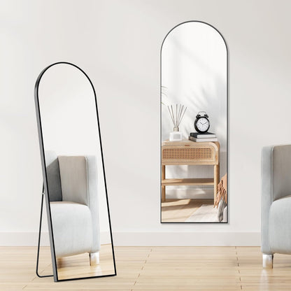 OLIXIS Black Arched Full Length Mirror 60"x16" for Bedroom, Full Body Mirror with Stand, Hanging or Leaning for Wall, Aluminum Alloy Thin Frame Floor Standing for Living Room
