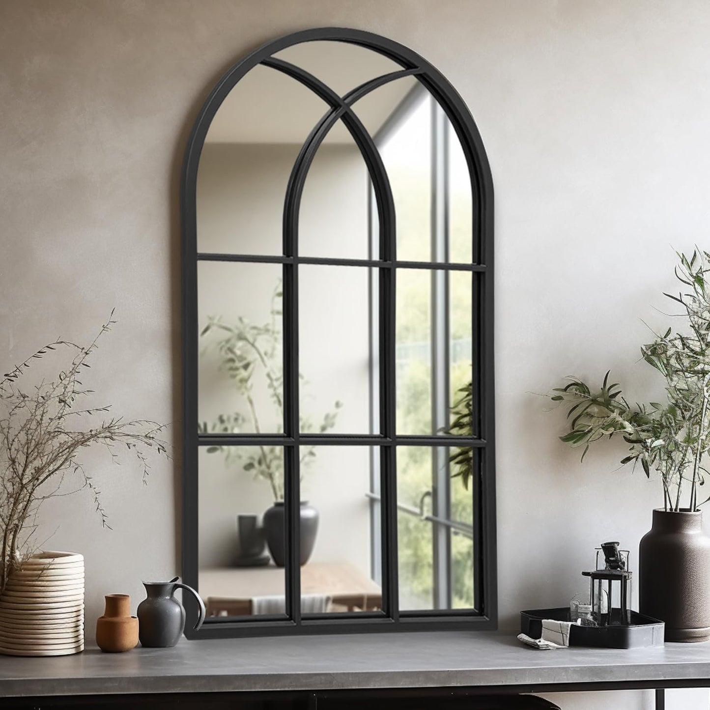Dewfig 65"x 22" Arched Window pane Full Length Mirror, Wall Mirror, Floor Standing Mirrors, Farmhouse Long Full Body Mirrors Wall Mounted for Living Room, Bedroom, Entryway, Fireplace, Black