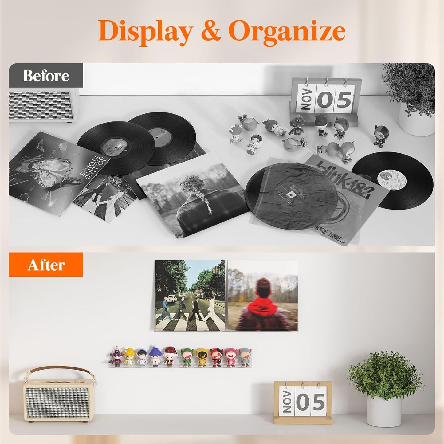 Lifewit Narrow Floating Shelves for Vinyl Record 6 Pack, 12" Clear Wall Shelves for Nail Polish/Book/Picture/Makeup, Acrylic Wall Display Shelf Organizer for Bedroom, Living Room, Bathroom Decor