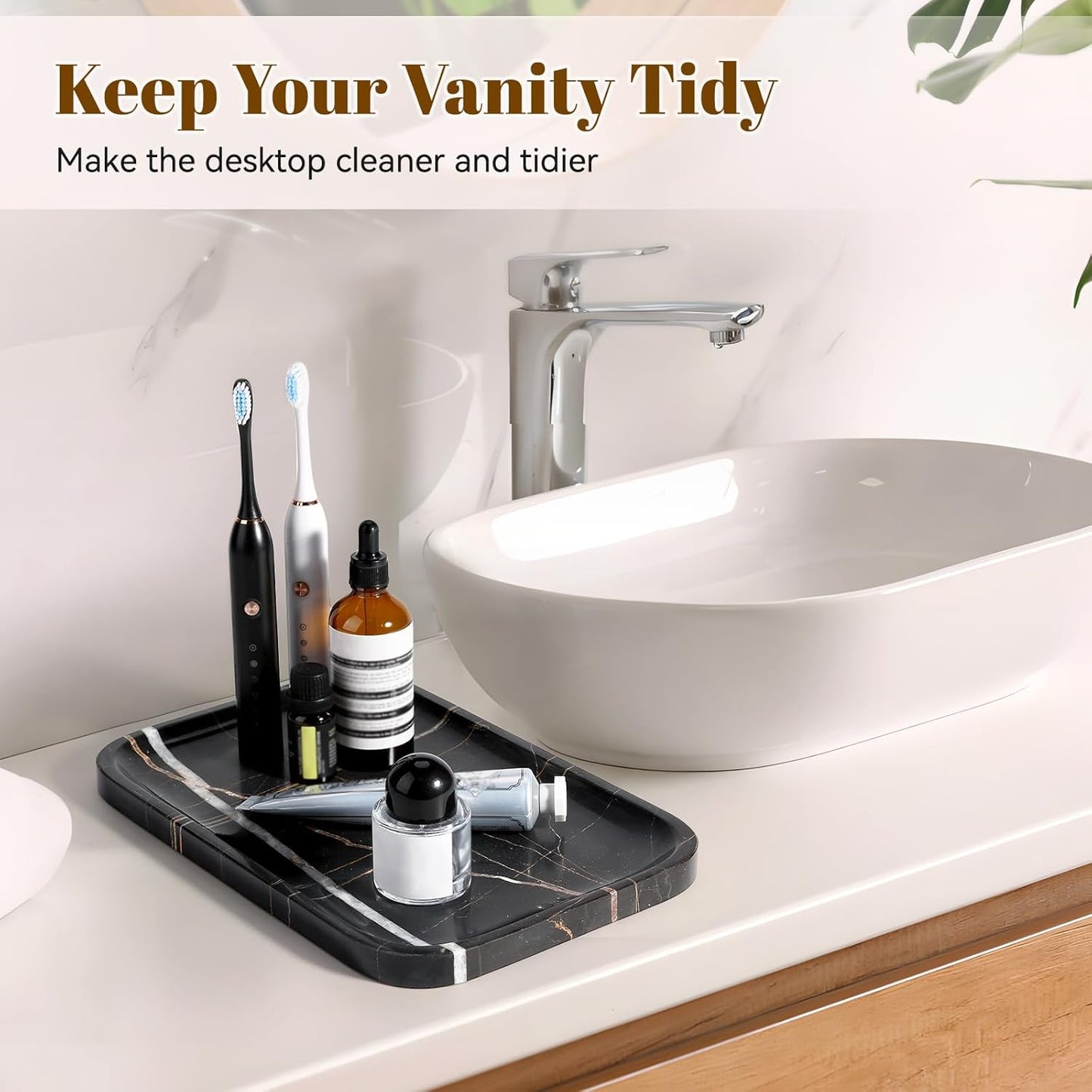 Koville Romano Travertine Tray, 12"x8" Natural Stone Vanity Tray for Countertop Bathroom Kitchen Dresser, Decorative Marble Catchall Trays for Perfume Jewelry, Rectangular Serving Tray(Beige)