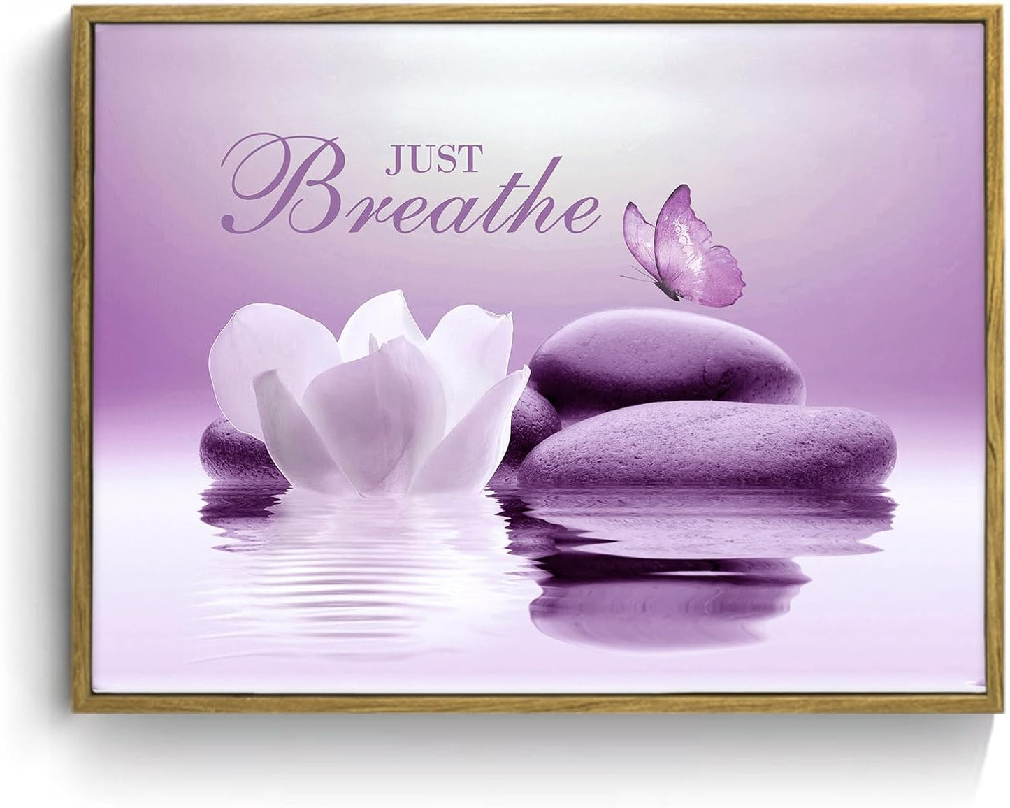 EOBTAIN Zen Flower Canvas Wall Art Bathroom Butterfly and Water Lily Stone Relaxing Spiritual Yoga Framed Wall Art Just Breathe Pictures Canvas Wall Decor for Living Room Bedroom,12x16 Inches