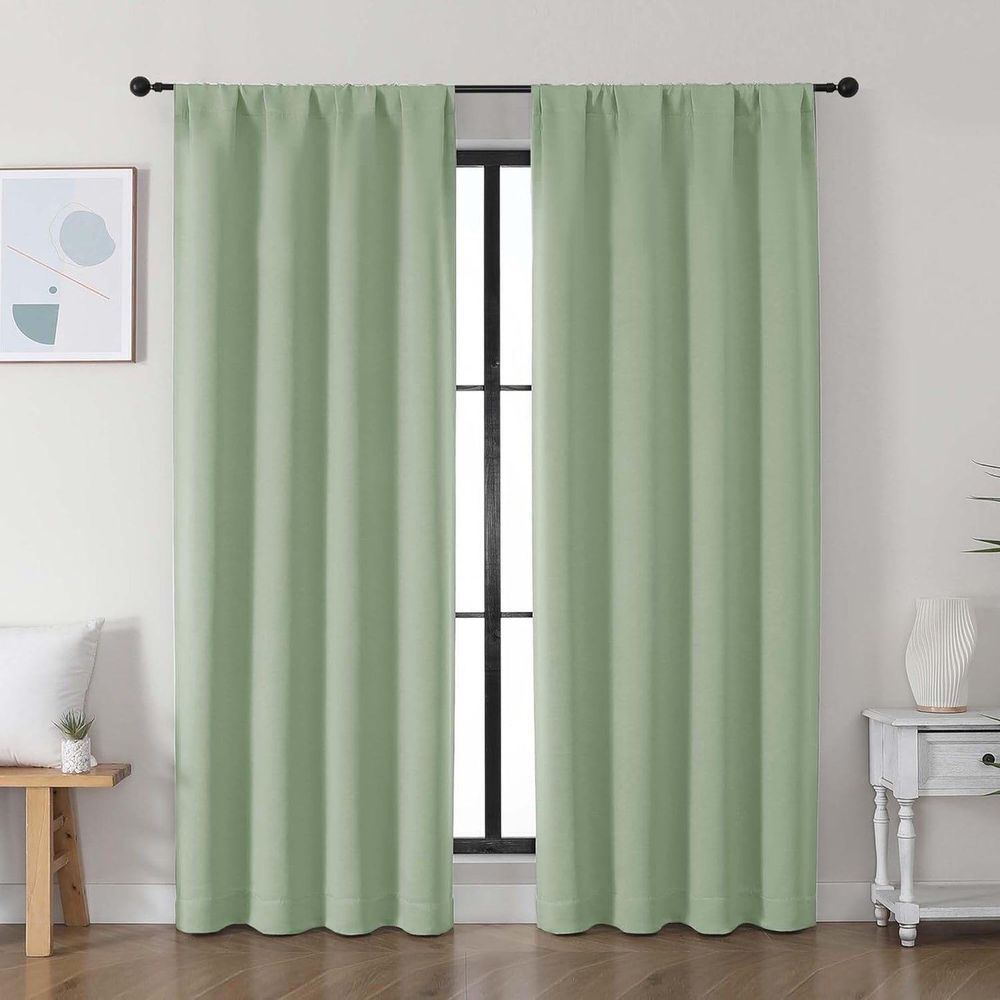Simplebrand Ava Sage Green Blackout Curtains for Bedroom 63 Inch Length 2 Panels Set, Solid Thermal Insulated Energy Saving Rod Pocket Window Treatment Curtains Blackout Drapes, W40 x L63 Inch, Sage - Colors C