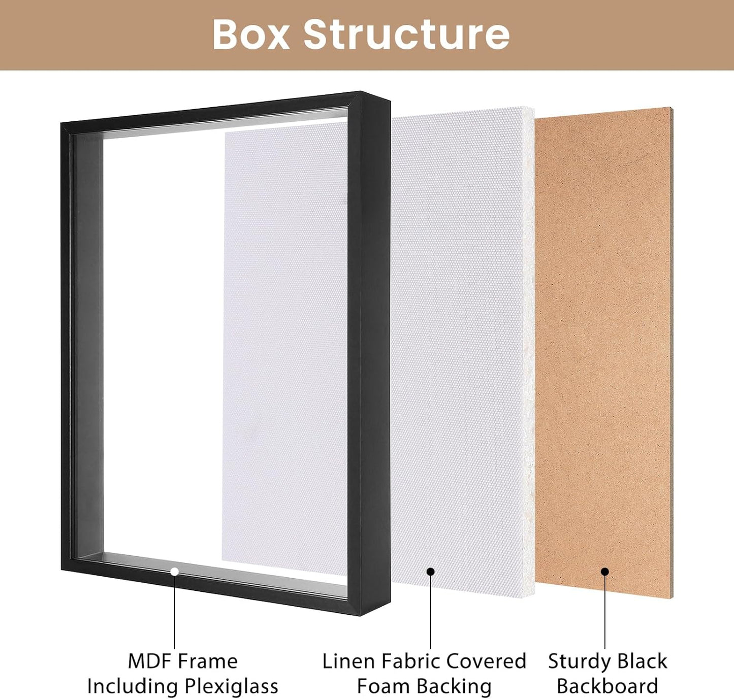 Califortree 8x8 Shadow Box Frame with Soft Linen Back - Push Pins Included, Memory Box Display Case for Flower, Tickets and 3D Items, Black