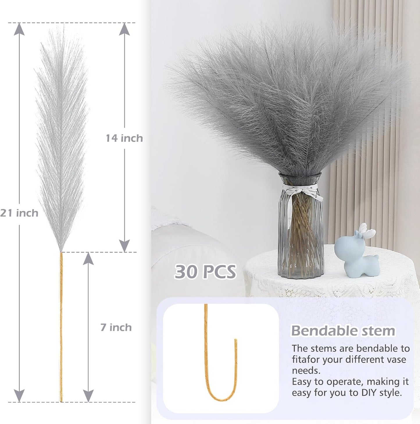 Pampas Grass Decor 30 Pcs 21.7 Inch Faux Brown Pampas Grass Bulk Artificial Dried Flowers Small Vase Filler Pompas Grass.
